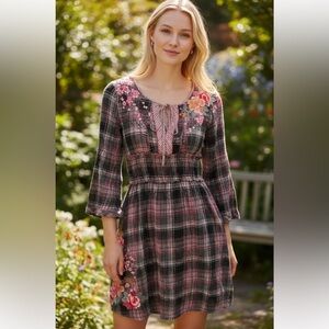 Johnny Was Multicolor Plaid with Floral Embroidery small xs